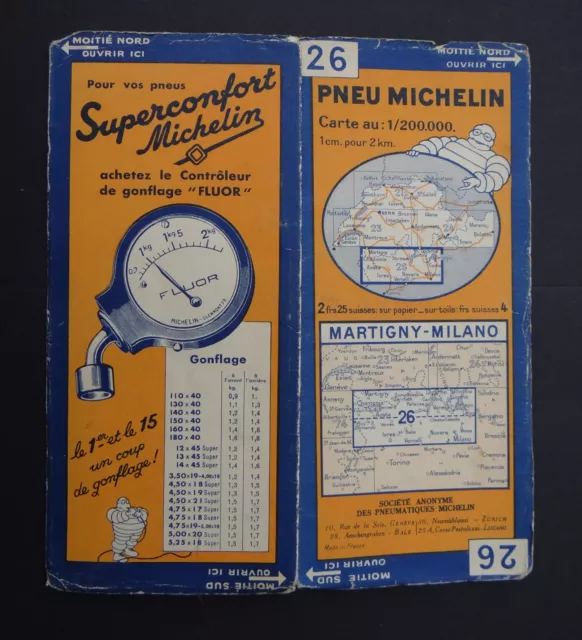 Carte MICHELIN n°26 old map MARTIGNY MILANO ITALIE 1936 Bibendum pneu tyre