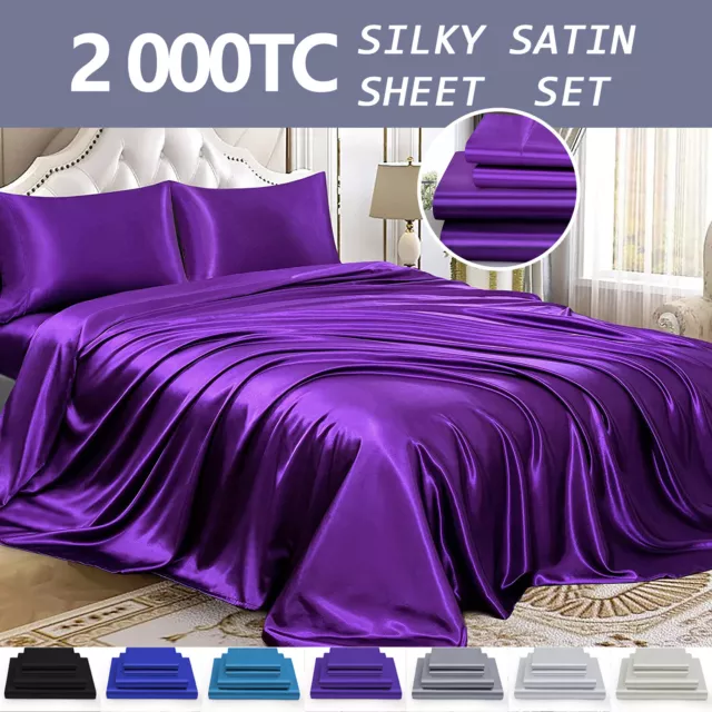2000TC Silk Satin Flat Fitted Sheet Set 4PCS Pillowcase Single/Double/Queen/King