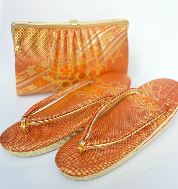 JAPANESE BAG, ZORI Kimono Sandal SET Sakura Flowers Made in Japan Gold Orange 