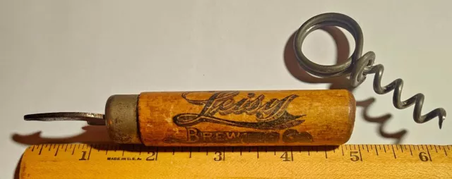 *RARE* LEISY BREWING COMPANY Wood Beer Bottle Opener Corkscrew/Peoria, Illinois