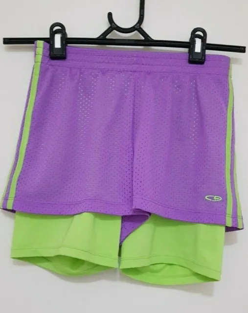 Size L ( Size 10 - Size 12) Girls Purple & Lime Green "Champion' Shorts Euc