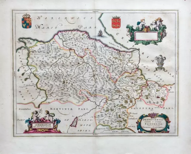c1646 Large Map of DENBIGHSHIRE & FLINT Wales by BLAEU Latin Edition (LM11)