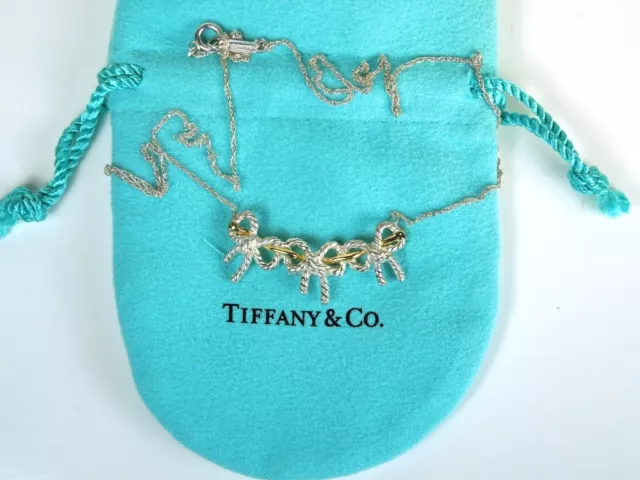 Tiffany & Co.Vintage 18 KT Sterling TRIPLE BOW RIBBON Necklace - Tiffany Pouch