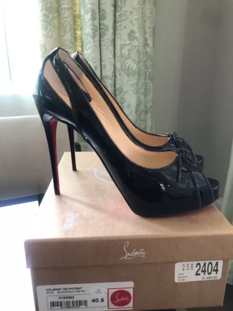 Christian Louboutin Colbina 120 Black Patent Platform Sandal Peep Heel Pump 40.5