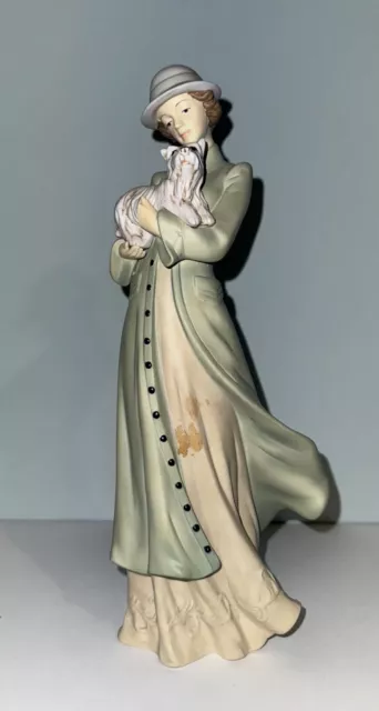 Victorian Lady FIGURINE Charrning VINTAGE Flowing Dress Holding Dog Home Decor
