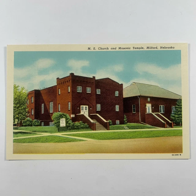 Postcard Nebraska Milford NE Methodist Episcopal Church Masonic 1940s Linen