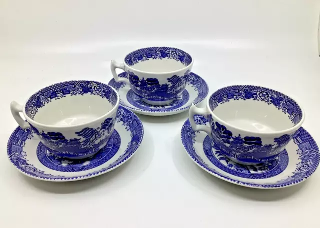 Lot of 3 Wood & Sons England Woods Ware Blue Willow Cups and Saucers