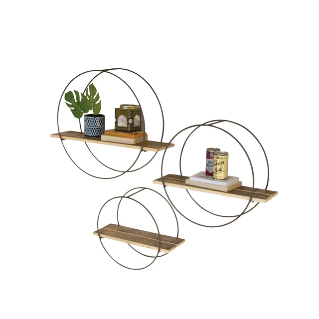 Rustic Round Recycled Wood Metal Frame Wall Shelves Set Three Minimalist Open