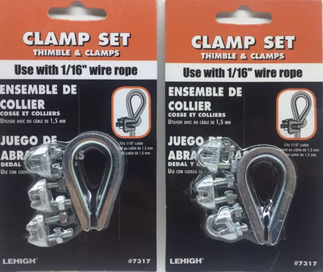 2 packs Clamp Sets Thimble and 3 Clamps for 1/16" wire rope Cable Lehigh #7317