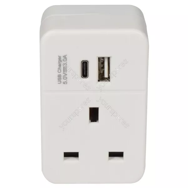 Mercury Plug Through UK Mains Adaptor with USB A and PD fast charging USB C Port