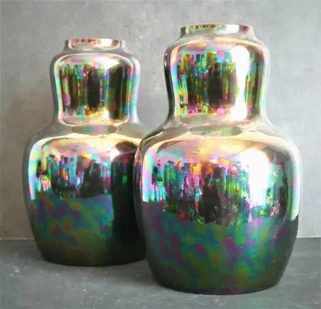 Vases coloquintes en terre carmélite lustre métallique Sarreguemines Art Nouveau
