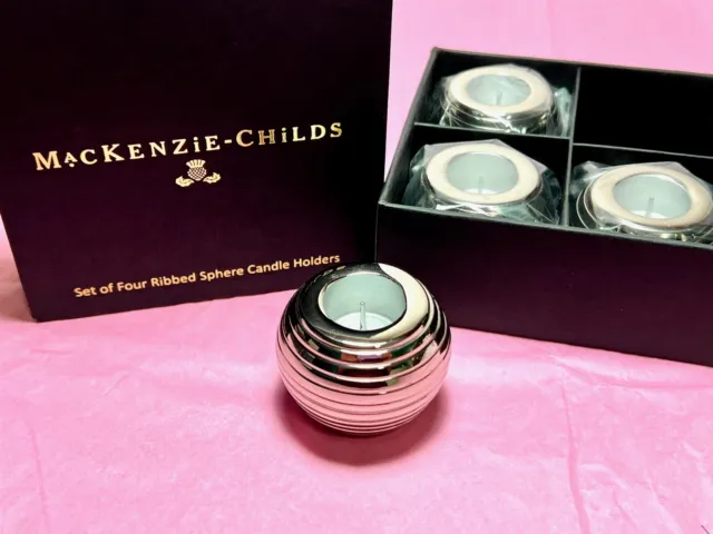 Mackenzie Childs "Ribbed Sphere Candle Holders" Silver Set * New * Free Shipping