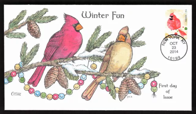 US FDC #4940 Forever Winter Fun-Cardinal A5404 COLLINS HAND PAINTED CACHET