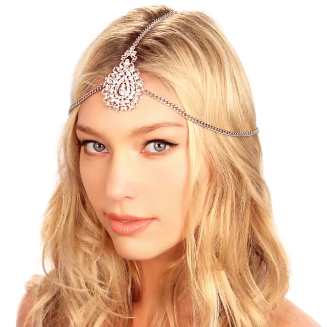 Kristin Perry Silver Tikka Crystal Pendant Chain Bridal Headpiece Headband