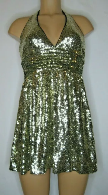 Forever 21 Mini Dress Size S Dressy Party Golden Sequined Backless Fit n Flare