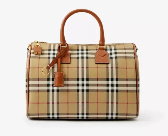 BURBERRY - Bowling Bag Bag - Beige Classic Check & Brown Leather Tote - Medium