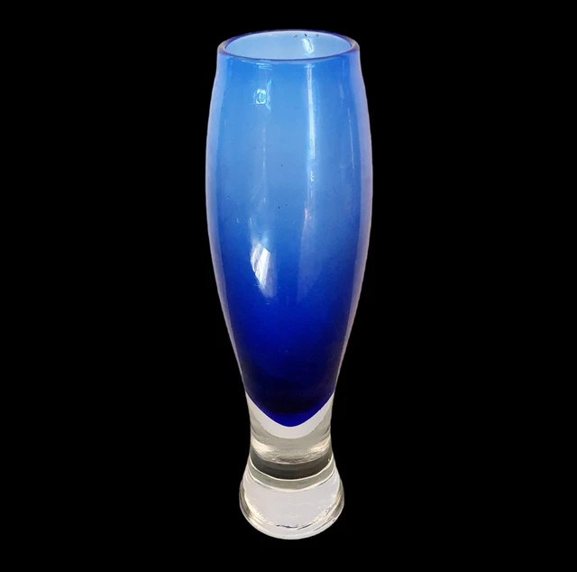 Hadeland Glass Willy Johansson BLUE GLASS & CLEAR VASE Norway 19 CM Vintage MCM