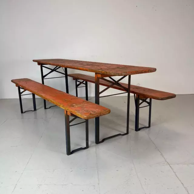 Vintage Industrial German Beer Table Bench Set Garden Furniture Numbered Orange