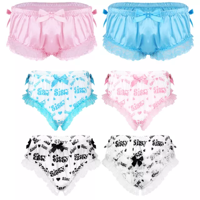 US Mens Sexy Satin Ruffled Lace Bikini Briefs Sissy Pouch Panties Underwear