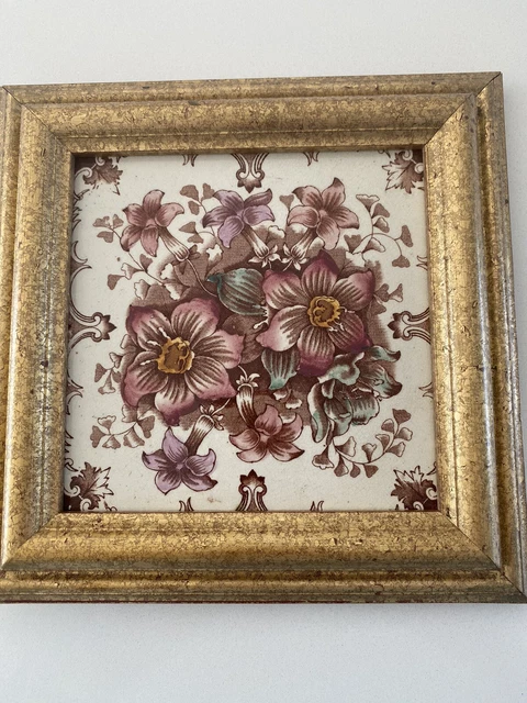 Old Victorian/Edwardian gold framed patterned tile floral design
