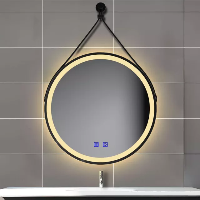 Bathroom Mirror with Black Framed Leather Strap 3 Colors LED Lights Demister 3