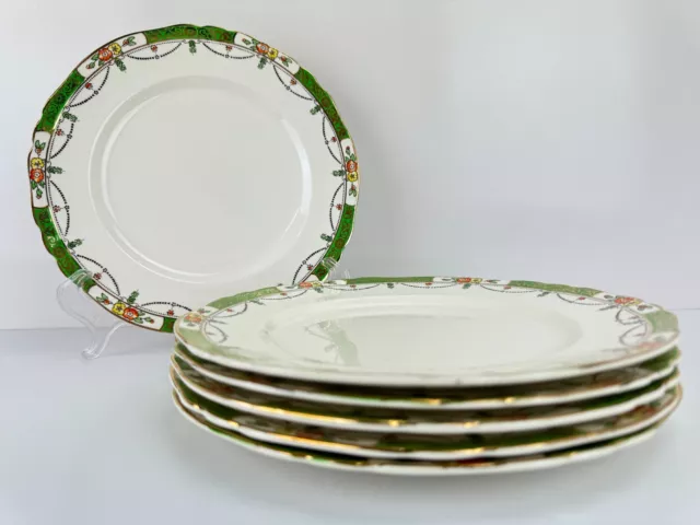 Vintage 1920s ALFRED MEAKIN Osiris Solway Green & Gold 25cm Dinner Plates x 6 3