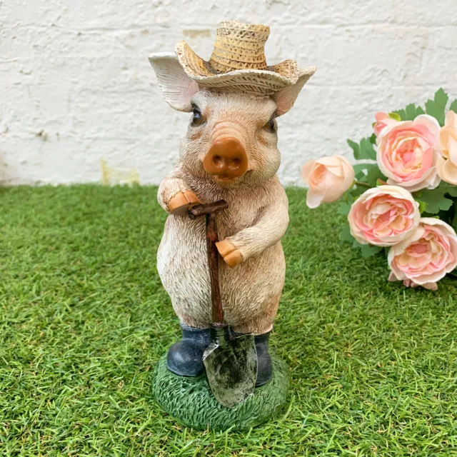 Pig With Spade Ornament Resin Pink Garden Standing Lawn Sculpture Statue Figure