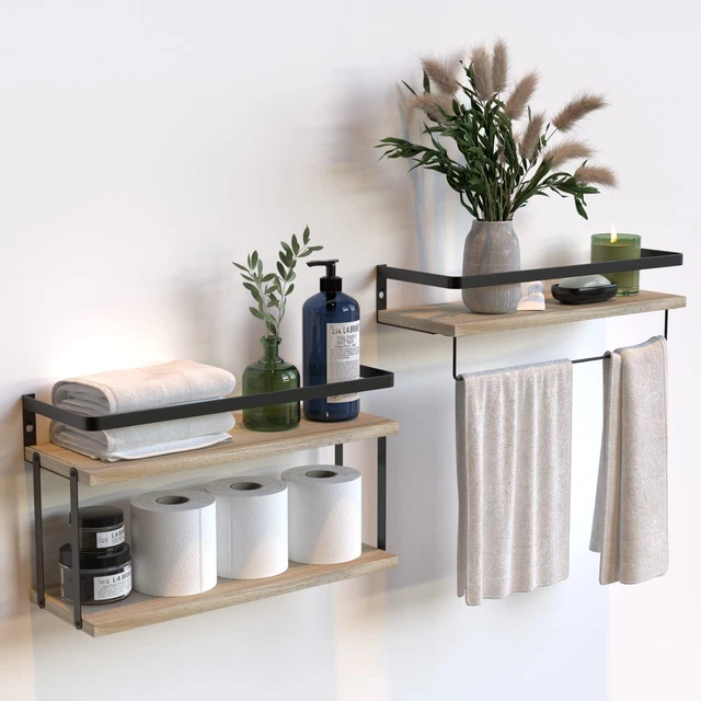 2+1 Tier Wall Mounted Floating Shelves Set of 2, Rustic Wood Wall Shelf with Met
