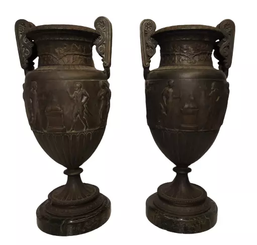 Pair Large Antique French Medici Vases Marble Spelter Patinated Cast Neoclassic