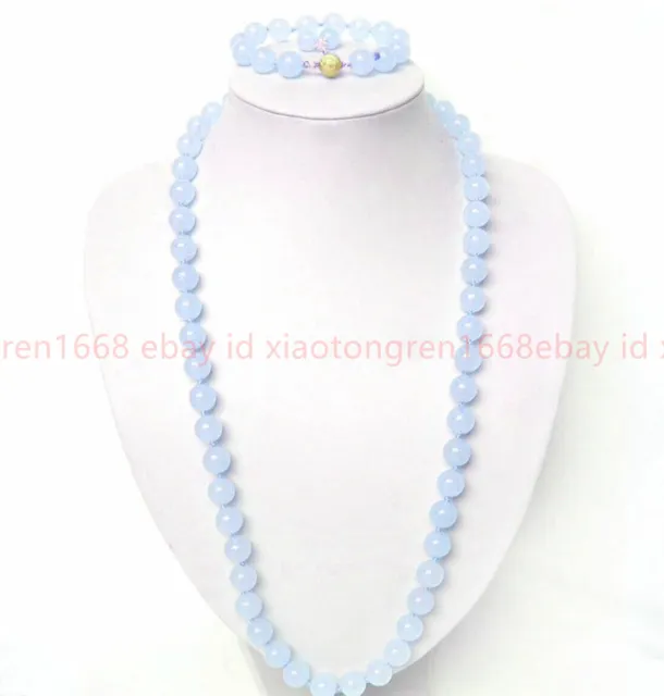 Pretty 10mm Light Blue Jade Gemstone Round Beads Necklace Bracelet Earrings Set