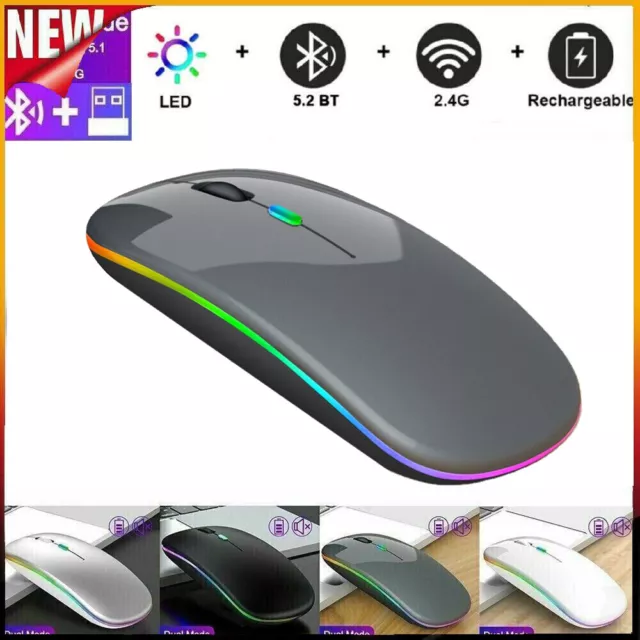 USB Rechargeable Slim Wireless Mouse Bluetooth 5.1+ 2.4G Cordless For Laptop HQ