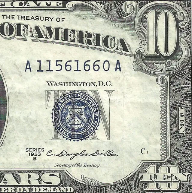 SCARCE 1953B $10 BLUE Seal SILVER Certificate! CRISP VF! Old US Paper Money!