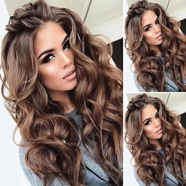 Ladies Long Curly Brown Wig Women Real Natural Wavy Full Hair Wigs Cosplay Party