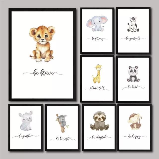 FRAMED Safari Jungle Animals Nursery Prints Colourful Baby CUTE Wall Art SP42