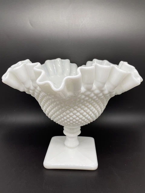 Vntg 8-1/4" Westmoreland Milk Glass English Hobnail Bowl w/Ruffled Rim Pedestal
