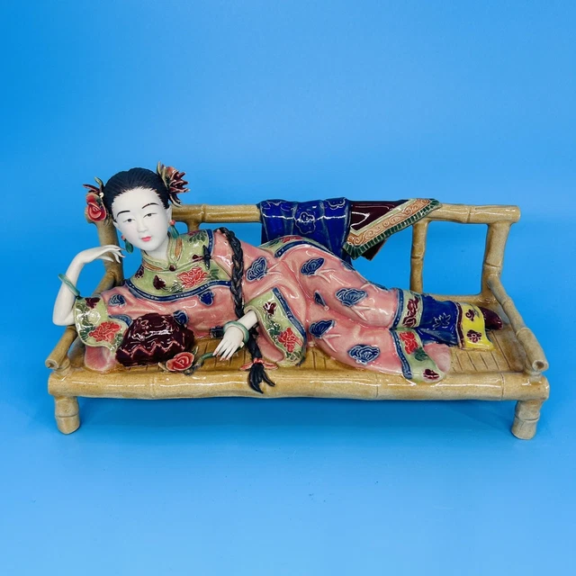 Chinese Wucai Porcelain Pottery Ceramic Lady Woman On Bench Figurine Statue