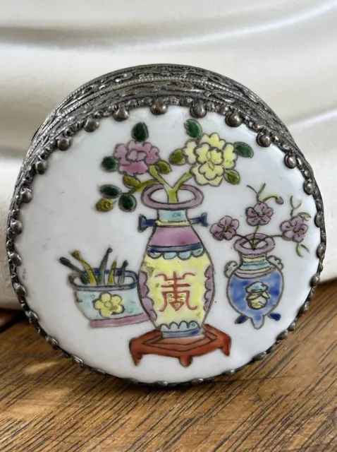 Asian ￼Silver Enamel Pill Box Trinket Mirror Vases Floral Flowers Hand Painted