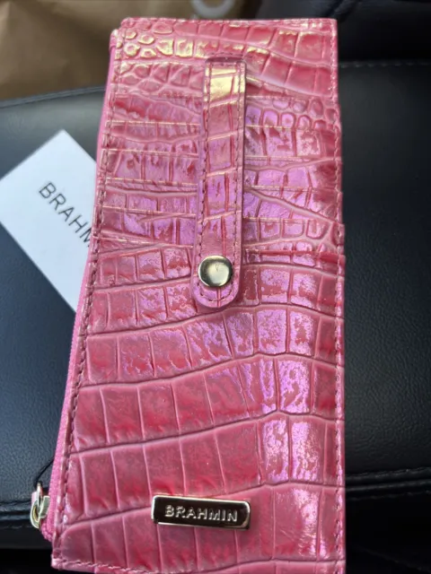 NWT Brahmin Credit Card Melbourne Croc Embossed Leather Wallet Pink Punch🌸💕