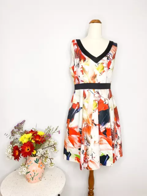 CUE IN THE CITY floral sleeveless pleat fit & flare work event dress / sz 12