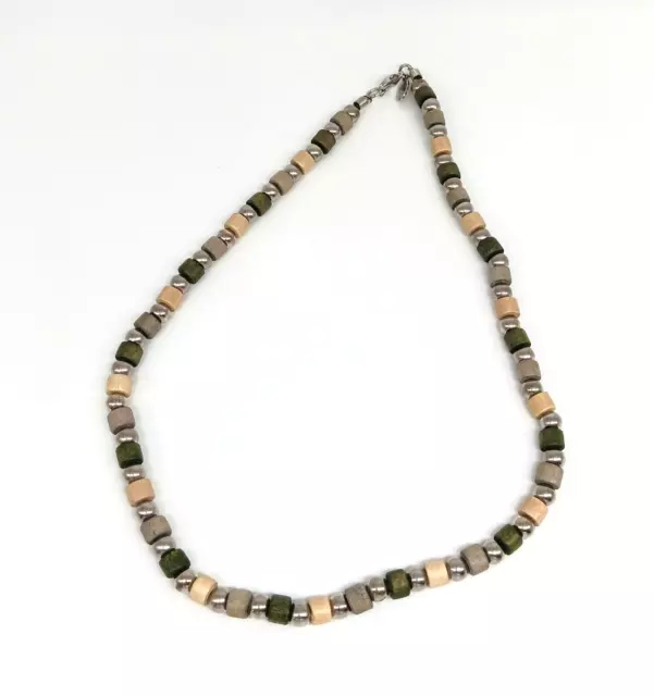 Panama Jack Wooden Beaded Necklace Mens Green Gray Tan & Silver Surfer Beach 16"