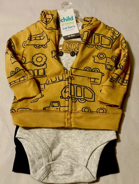 Carters infant baby boy truck 3 piece outfit yellow sweater, t shirt, pants 0-3M