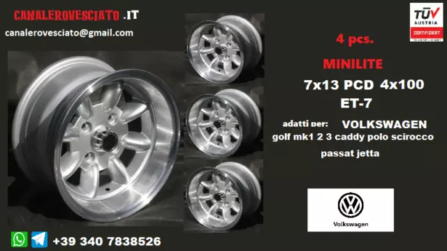 Roues Minilite 7j 13 4x100 ET-7 VW GOLF MK1 MK2 POLO CADDY SCIROCCO PASSAT LUPO