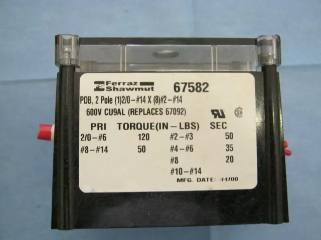 Ferraz Shawmut Modèle: 67582 Fusible Distribution Bloc. 2 Pôles, 600v <W2