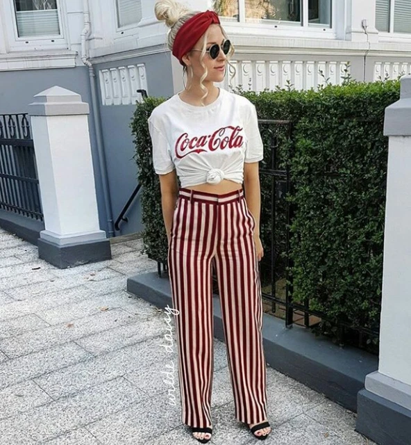 ZARA NEW STRIPED Trousers Palazzo Red Maroon Co-Ord Blogger Belted
