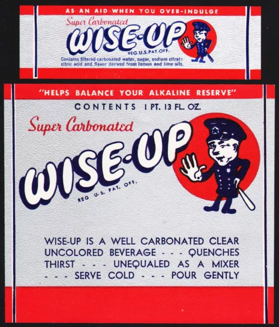 Vintage soda pop bottle label WISE UP policeman picture 1p13oz size unused nrmt+