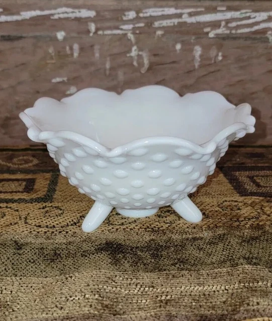Three Toed Fenton or L E Smith Hobnail White Milk Glass Bowl Crimped Rim