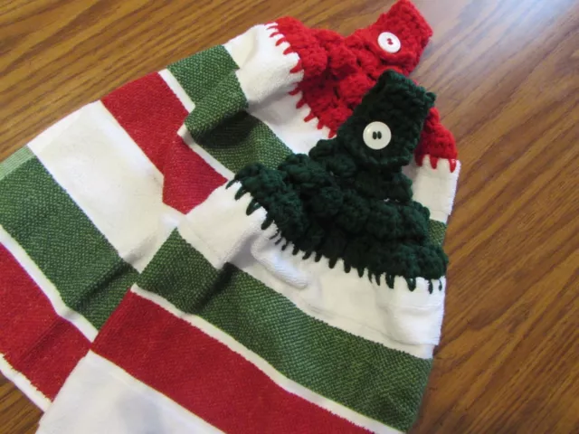 Merry Christmas Stripes Hanging Kitchen Dish Towels, Crochet Top Towel Holiday