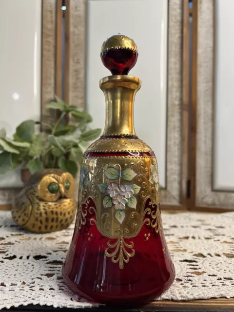 MCM Czech Bohemian Ruby Red Glass Hand Painted/Vintage Cordial/Wine Decanter