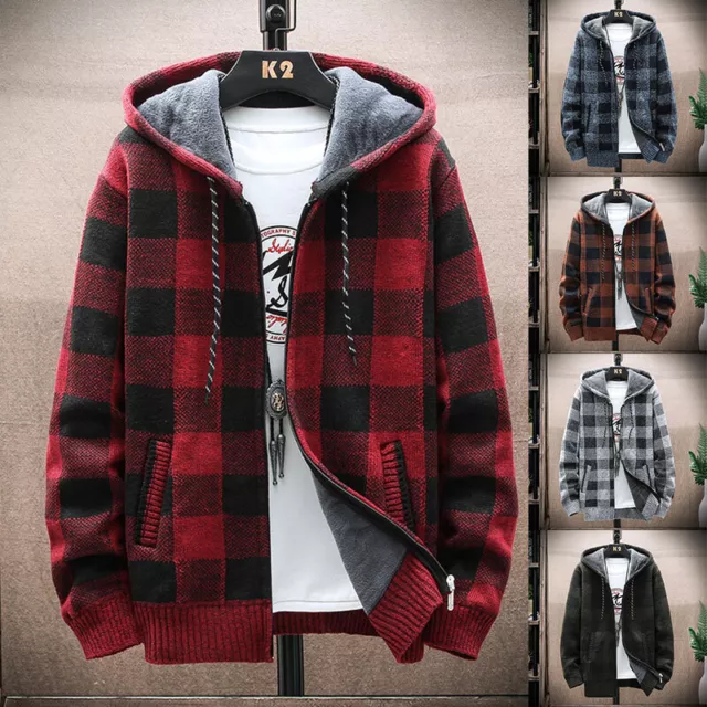 Men's Heavyweight Flannel Zip Up Fleece Lined Plaid Sherpa Hoodie Jacket Tops