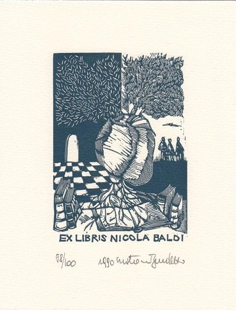 Exlibris Bookplate Holzstich Cristiano Beccaletto 1948 Baum Bücher